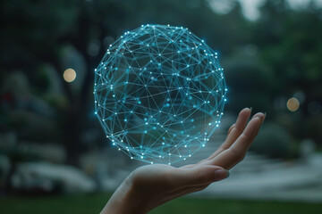 Interface network connects sphere on business hand. AI Generated