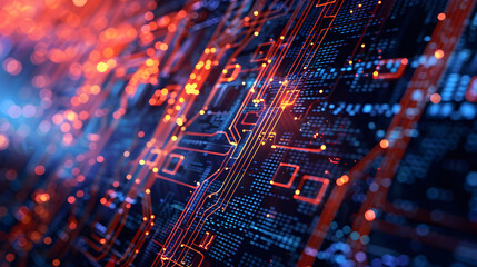 Obraz premium High-detail image showcasing a vibrant, glowing circuit board with electronic pathways