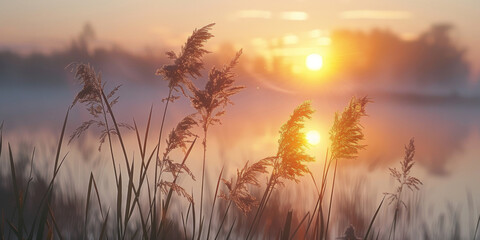 Sunrise gleaming through reeds on a misty field