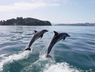 Majestic dolphins leaping out of the water in a breathtaking slow-motion capture, showcasing their playful nature and freedom
