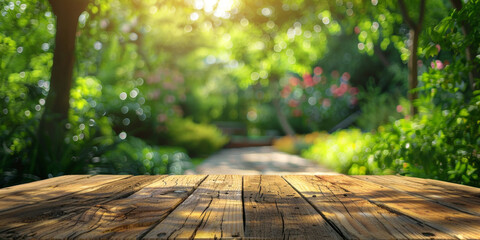 Empty wooden tabletop with a blurred green garden background bathed in natural light - obrazy, fototapety, plakaty