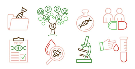 DNA heredity test icons collection. Genetic analysis report.