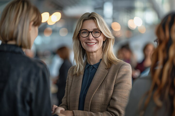 middle-aged businesswoman with specs shaking hands with other women in an office space background.