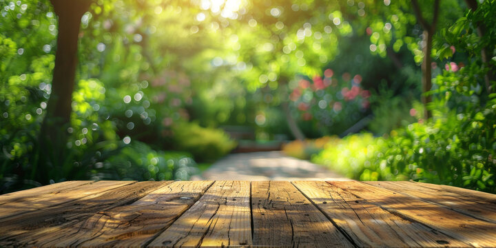 Empty wooden tabletop with a blurred green garden background bathed in natural light