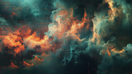 Cyberstorm: digital data clash with cloud formations - obrazy, fototapety, plakaty