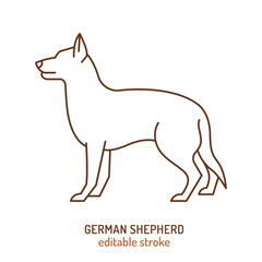 German shepherd silhouette, outline contour sketch. Vector isolated illustration