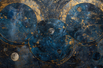 Astrology background, energy, light blue and dark blue and gold, art-deco, minimalist.