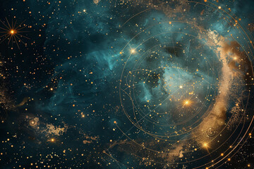 Astrology background, energy, light blue and dark blue and gold, art-deco, minimalist.