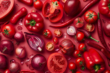 Assortment of fresh red vegetables and fruits on a red background.