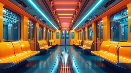 The empty interior of an german underground train, in the style of light navy and yellow, bold...