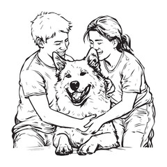 line art illustration girl and boy with a happy corgi dog 