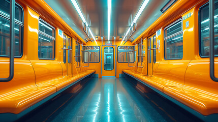 The empty interior of an german underground train, in the style of light navy and yellow, bold...