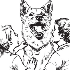 line art illustration girl and boy with a happy corgi dog 