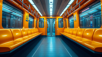 The empty interior of an german underground train, in the style of light navy and yellow, bold color choices, environmental awareness, light orange and yellow, sleek metallic finish. - obrazy, fototapety, plakaty
