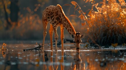 A giraffe in its natural environment drinking from a river - obrazy, fototapety, plakaty