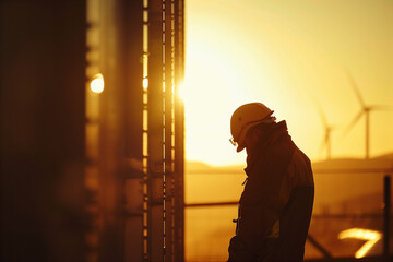 Fototapeta premium Calming engineer working focus machine every day tasks in greens industrial factory silhouette at sunrise background.