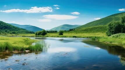 Fototapeta na wymiar Clean river landscape with beautiful mountain background, beautiful nature background.