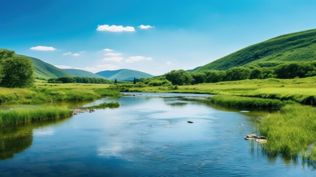 Clean river landscape with beautiful mountain background, beautiful nature background.