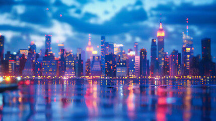 Manhattan Skyline at Twilight, Panoramic View of City Lights Reflecting on the River, Urban Night