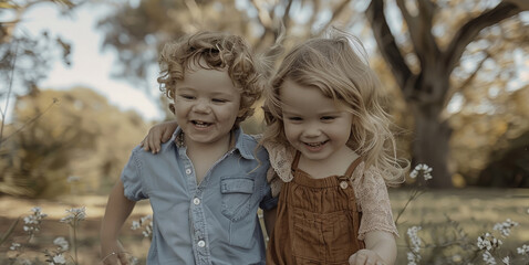 Obraz premium A boy and a girl, both dressed in casual clothing, are standing side by side on a sidewalk