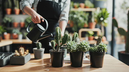 Close-up view of a human hand watering home plants. Nurturing nature's beauty, one drop at a time, as delicate hands shower life upon thriving home plants. - obrazy, fototapety, plakaty
