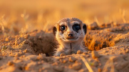 Meerkat peeks out of a hole, eyeing the landscape with its tiny snout - obrazy, fototapety, plakaty