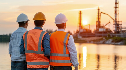 Three professionals in hard hats and high-visibility vests stand facing a sprawling industrial facility during sunset, seemingly in discussion or evaluation - obrazy, fototapety, plakaty