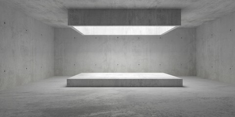 Abstract modern concrete room with rectangular light shaft opening in the ceiling and podium, platform or dais on rough floor - industrial interior background template - 750007161
