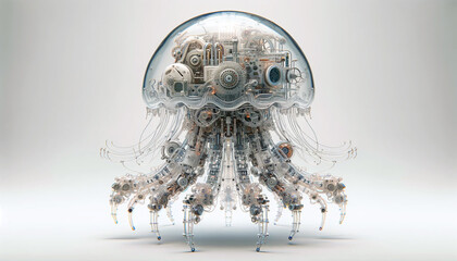 Glass robot jellyfish with mechanical parts inside isolated on white background. 3D render style in concept technology, robotic pet.
