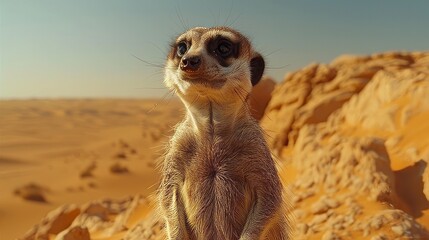 Meerkat on sand dune, adapting to desert landscape - obrazy, fototapety, plakaty