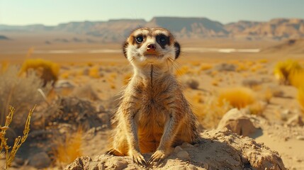 A meerkat perches on a rocky outcrop in the desert ecoregion - obrazy, fototapety, plakaty
