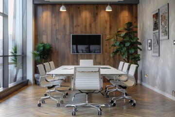 Fototapeta premium The conference room interior of a modern office with white walls and a monitor. AI Generated