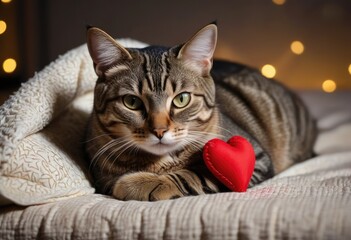 beautifully patterned tabby cat resting on a soft blanket, cuddling with a heart-shaped pillow