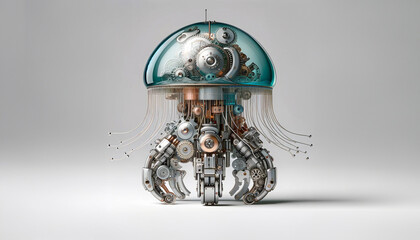 Glass robot jellyfish with mechanical parts inside isolated on white background. 3D render style in concept technology, robotic sea life, robot, toy