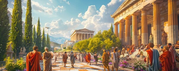 Naklejka premium Ancient Greece agora scene philosophers debating vibrant togas and architecture