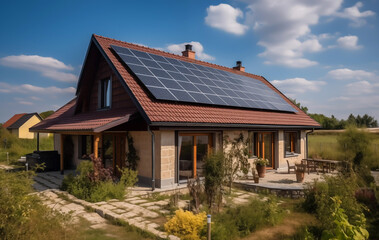 Fototapeta na wymiar Solar panel on roof house. Home with solar panels on roof. Modern house exterior. Tanunhouses and residential buildings, houses with solar panels on roof. Solar photovoltaic construction for homes.