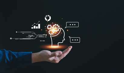 Ai technology, Artificial Intelligence concept. Businessman hold and using AI technology to generates something  and analyze big data, Futuristic technology transformation. Chat with AI
