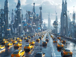 Fotobehang Autonomous vehicle fleet in smart city seamless traffic futuristic skyline © AlexCaelus