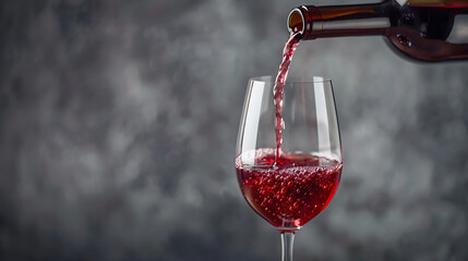 Red wine pours from a bottle into a glass, mockup, photo, minimalism, banner, plain background