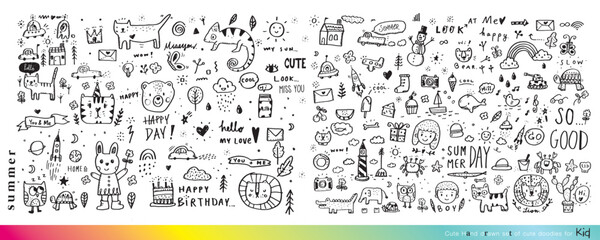 Vector illustration of Doodle cute for kid, Hand drawn set of cute doodles for decoration,Funny Doodle Hand Drawn, Summer, Doodle set of objects from a child's life,Cute animal