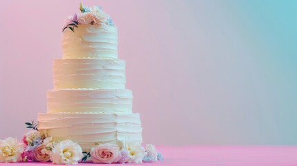Three-tiered gorgeous and stylish white wedding cake, beautifully decorated in the corner of the image on solid pastel background behind, free space for text, greeting card