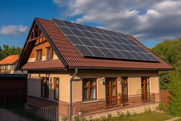 Solar panel on roof house. Home with solar panels on roof. Modern house exterior. Tanunhouses and residential buildings, houses with solar panels on roof. Solar photovoltaic construction for homes.