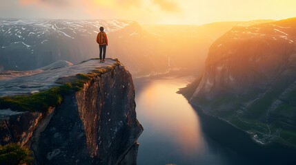 solo traveler standing on a cliff's edge - obrazy, fototapety, plakaty