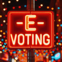 bright, illuminated sign that reads E-VOTING in capital letters. The sign is red with the letters being lit, giving it a glowing effect