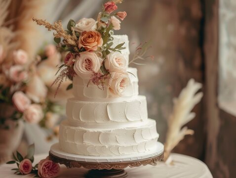 Three-tiered gorgeous and stylish white wedding cake, beautifully decorated in the corner of the image on wedding background, free space for text, greeting card
