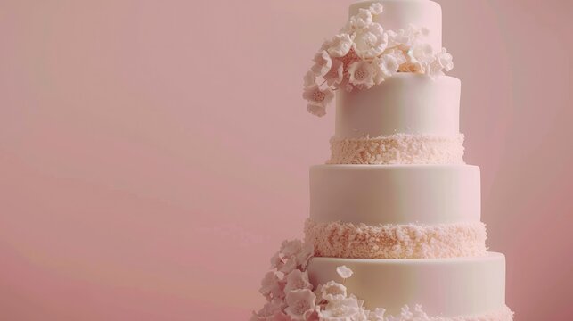 Three-tiered gorgeous and stylish white wedding cake, beautifully decorated in the corner of the image on solid pastel background behind, free space for text, greeting card