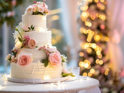 Full view of gorgeous, stylish and delicious wedding cake in the corner of the image with beautiful luxury background, free space for text, greeting card