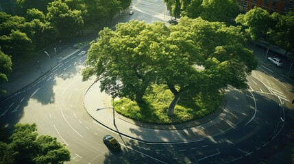 Aerial view of the road curving around A large tree lies in the middle of a big city road. 