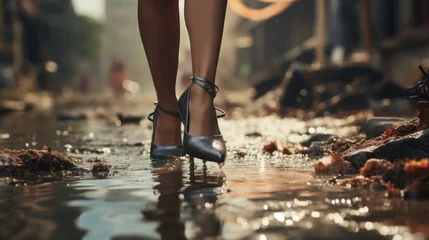 Selbstklebende Fototapeten Close up of a woman's red high heels walking on trash plastic bottles floating in water flooding a city street.  © CStock