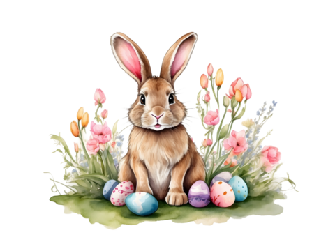 png watercolor hare, rabbit with easter eggs, on transparent background, sublimation for t-shirt and postcard, your design